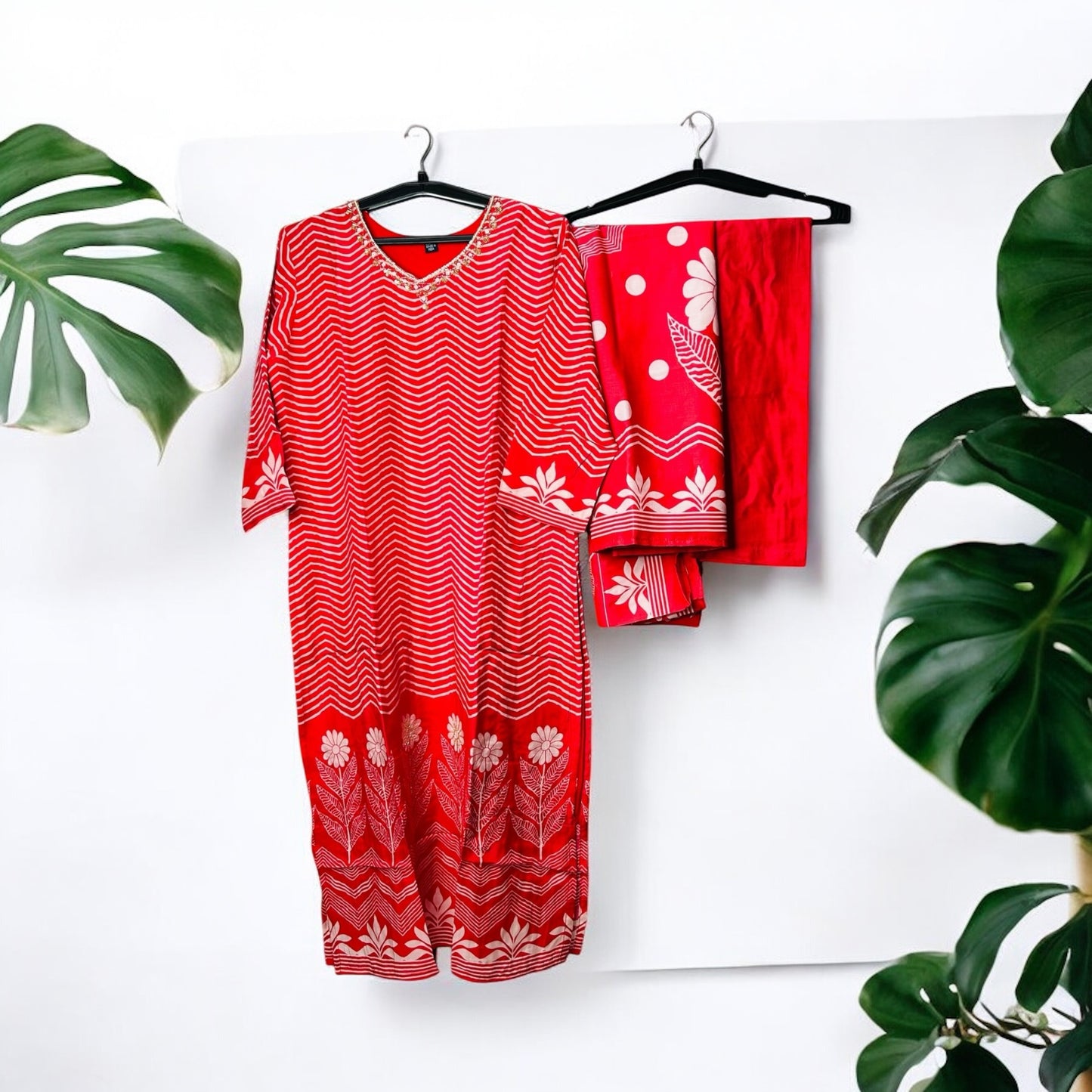 Red Zigzag Crepe Suit