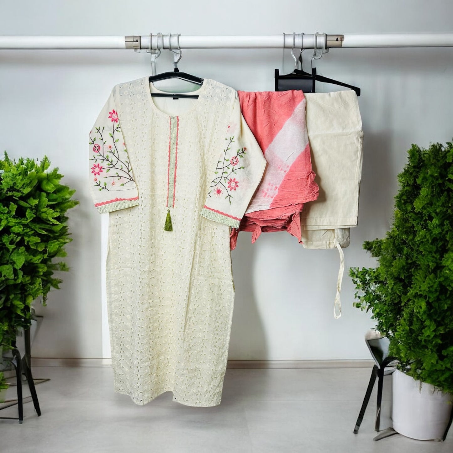Cream and Peach embroidered schiffli suit set