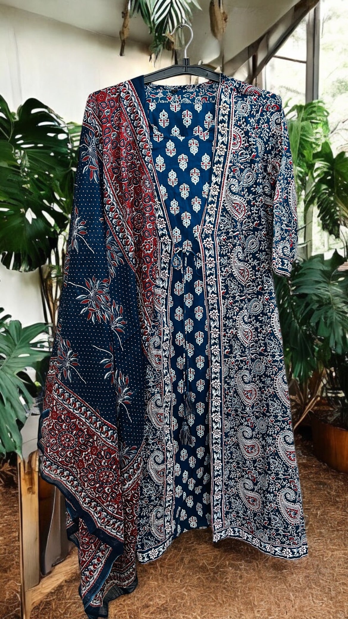 Navy Blue Ajrak Printed Jacket Suit