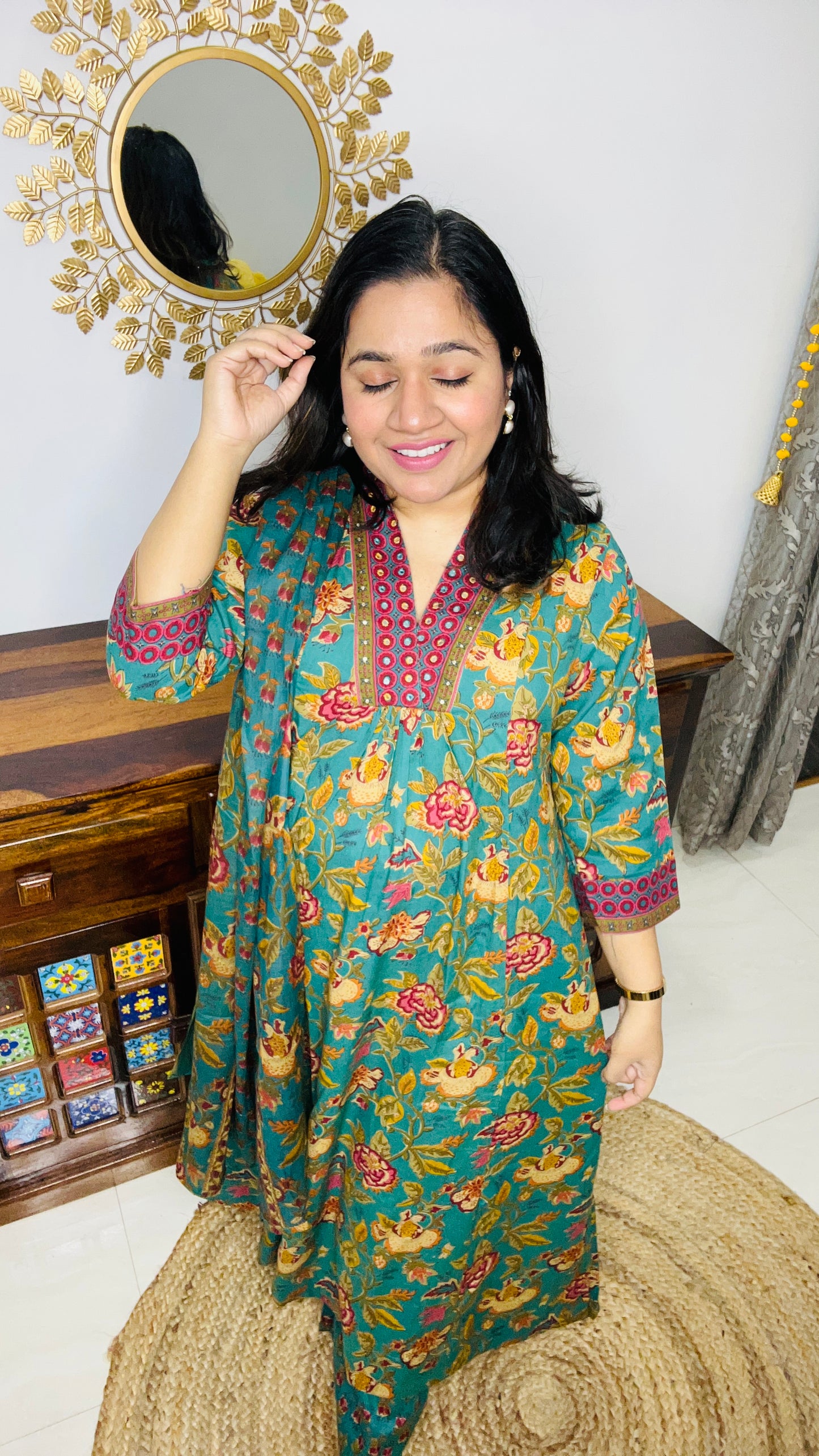 Green Block Printed Kurta Set with Palazzo Pants & Dupatta