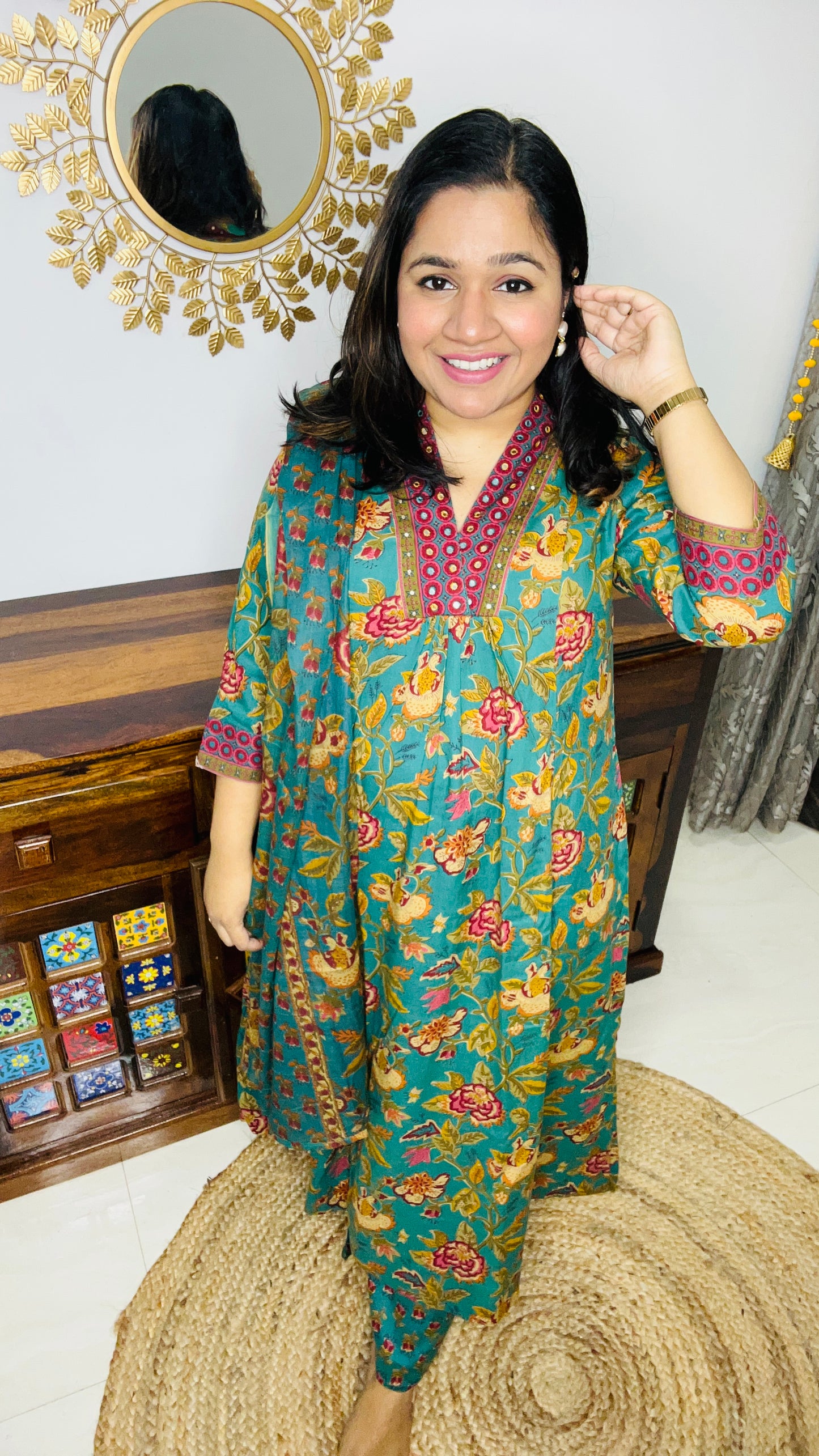 Green Block Printed Kurta Set with Palazzo Pants & Dupatta