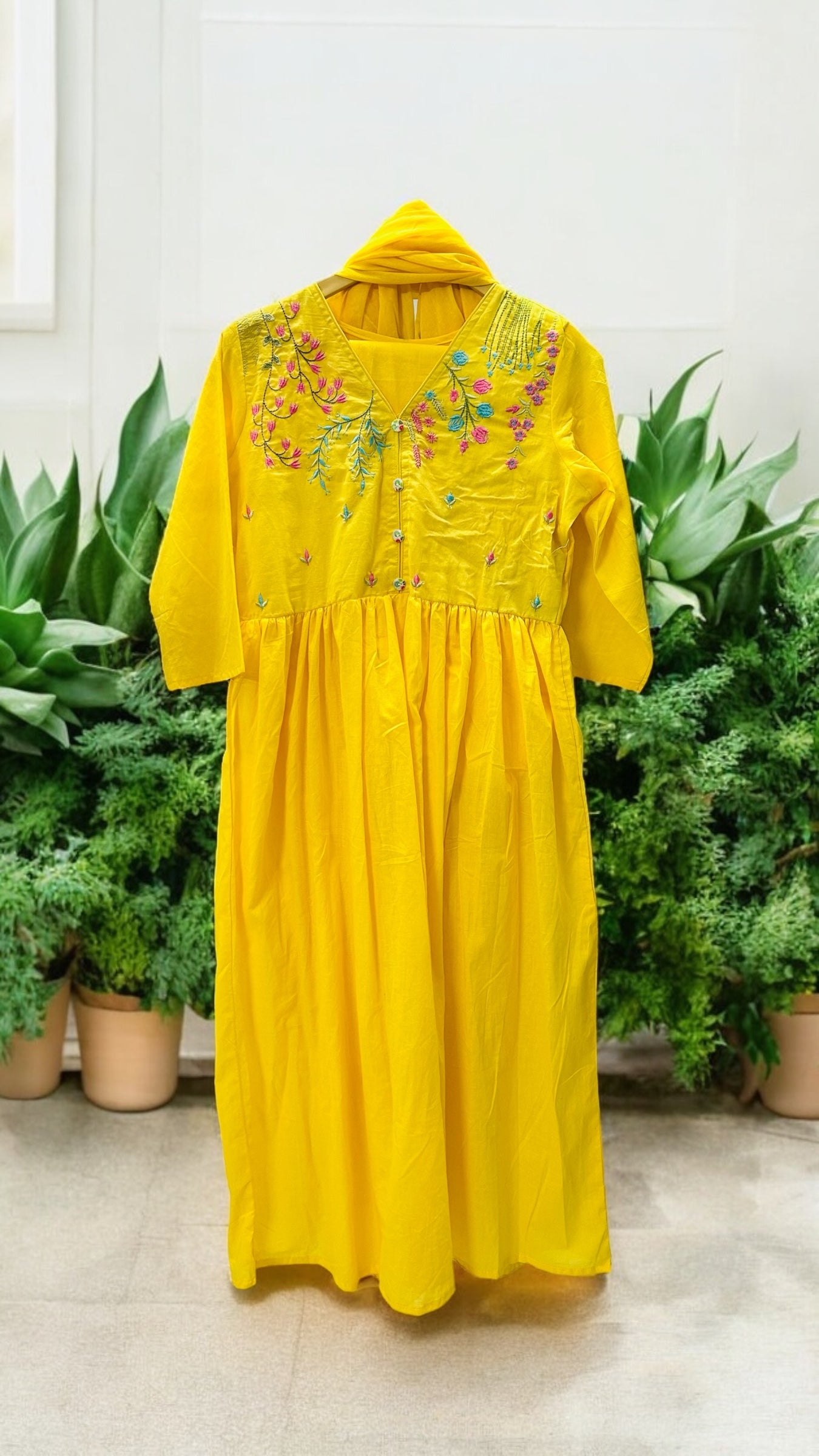 Yellow Embroidered Mul cotton Suit