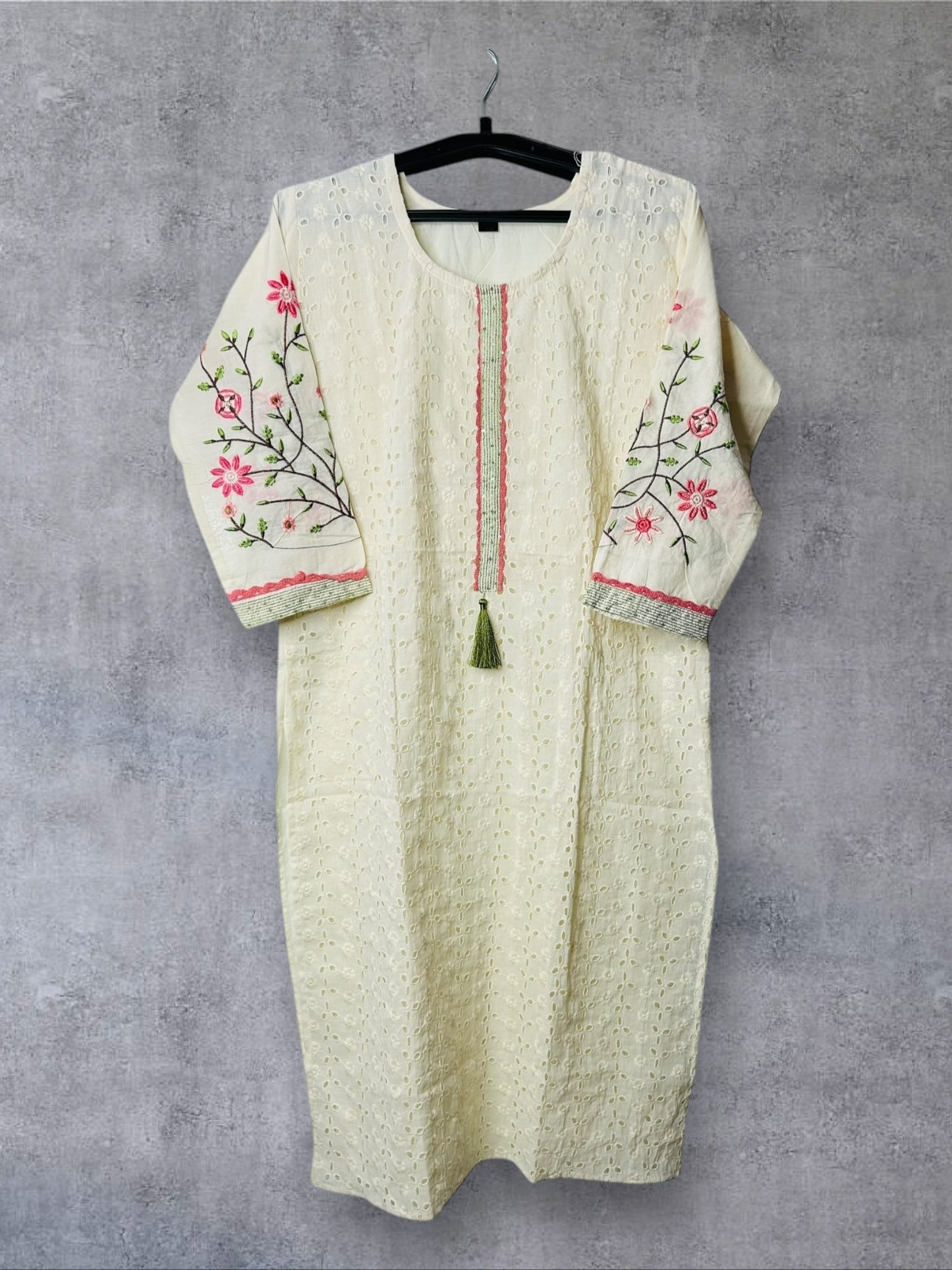 Cream and Peach embroidered schiffli suit set
