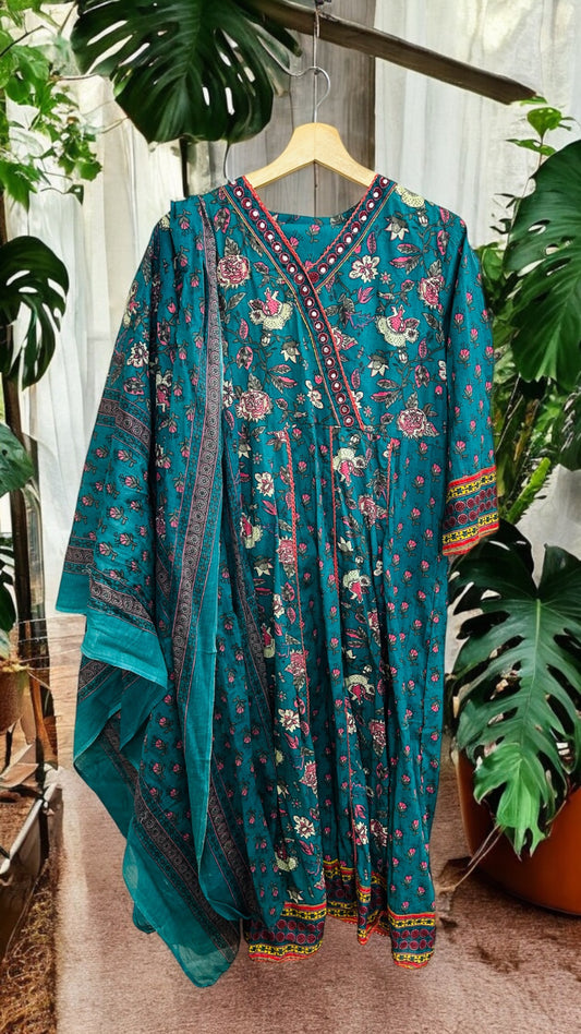 Teal Floral Angrakha Suit