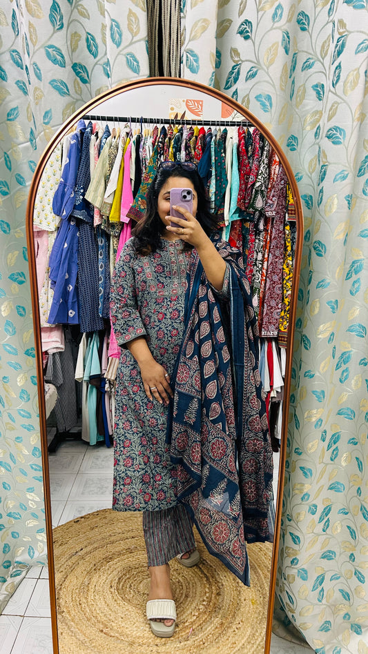 Blue Ajrak Print Straight Suit set