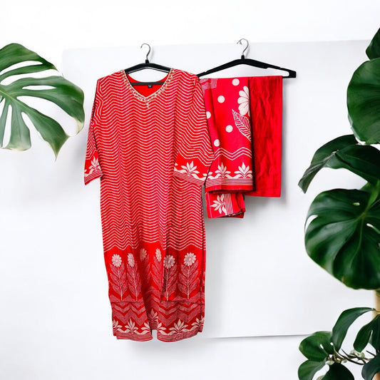 Red Zigzag Crepe Suit