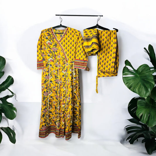 Yellow Mulcotton Angrakha Suit
