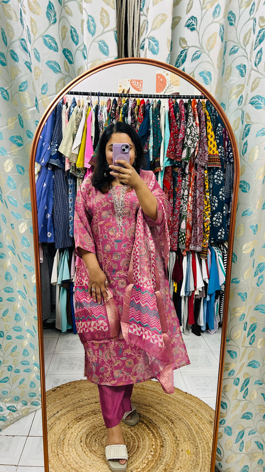 Pink Floral Muslin Suit