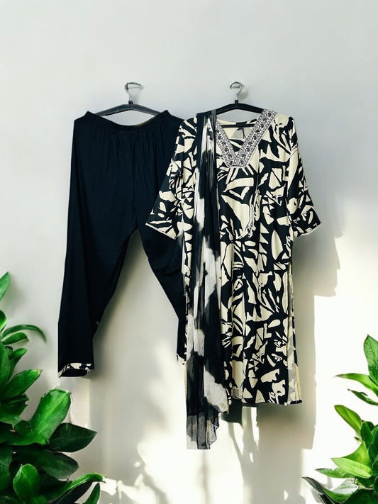 Black and Beige Geometric Pattern Suit