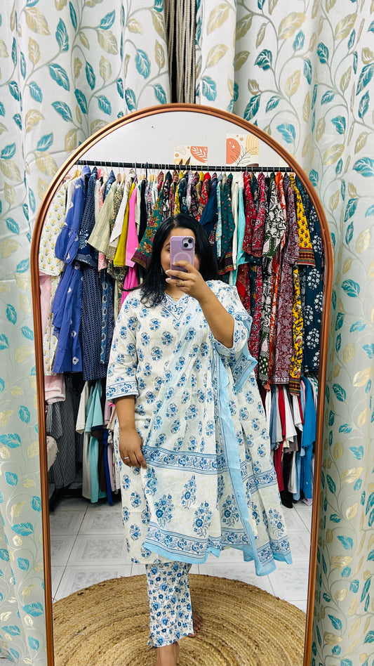 White and blue Jaipuri Cotton suit