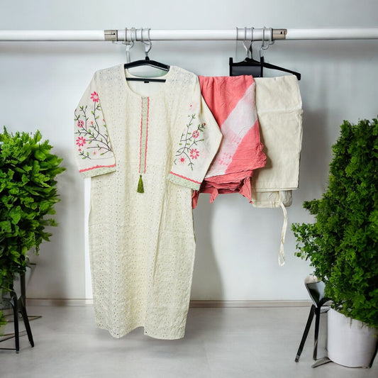 Cream and Peach embroidered schiffli suit set