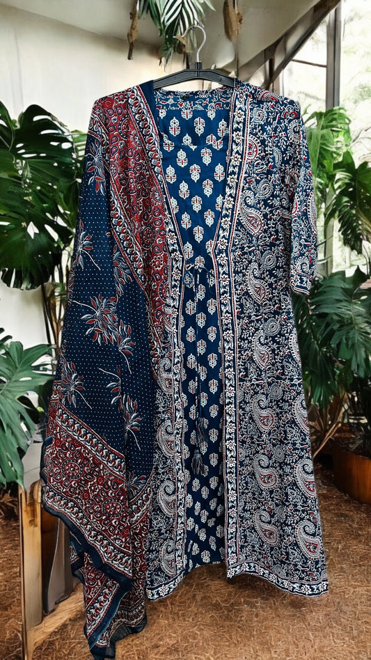 Navy Blue Ajrak Printed Jacket Suit