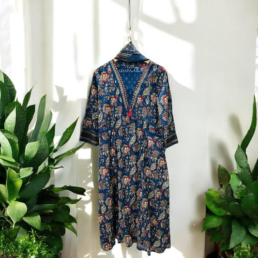 Blue Floral Jaipuri Cotton Suit Set