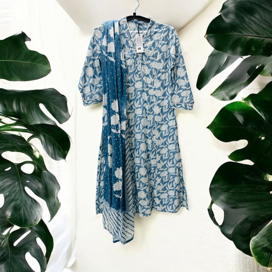 Blue Cotton Floral Suit